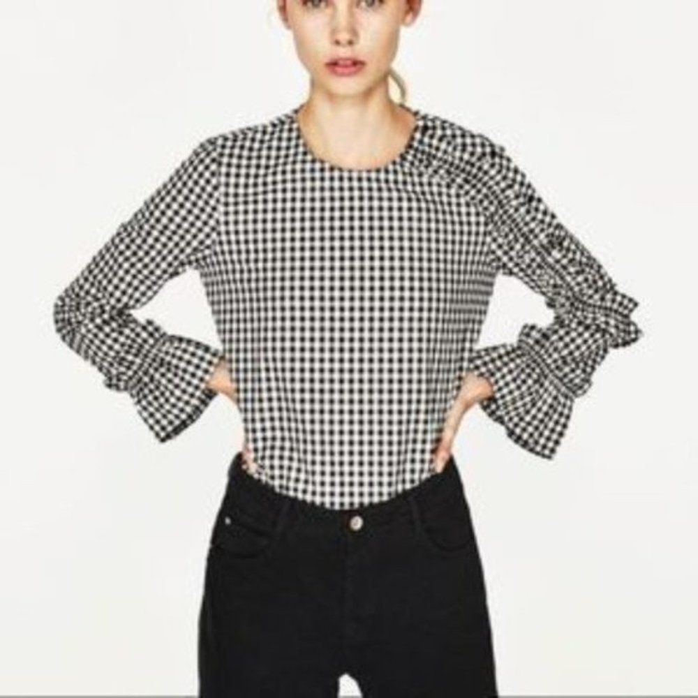 Zara Trafaluc Black White Gingham Check Top size large